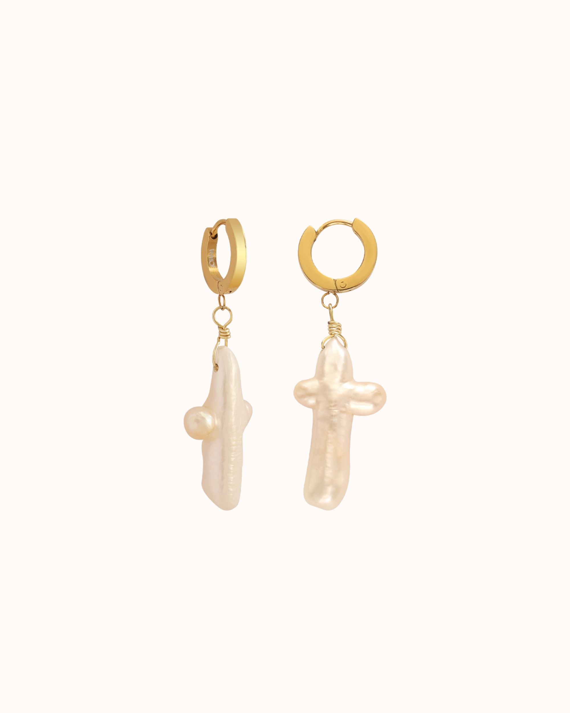 64.jpg Pearl Cross Earrings - Huggie Hoop - Image 1