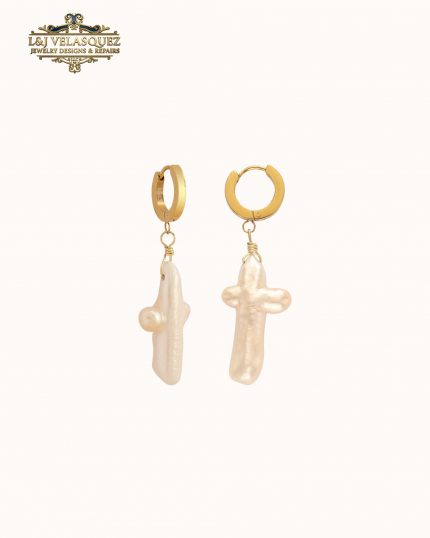 Pearl Cross Earrings - Huggie Hoop by L&J Velasquez Jewelry Designs & Repairs LLC