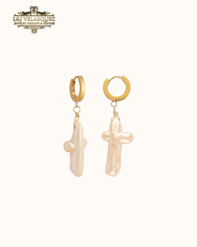Pearl Cross Earrings - Huggie Hoop by L&J Velasquez Jewelry Designs & Repairs LLC